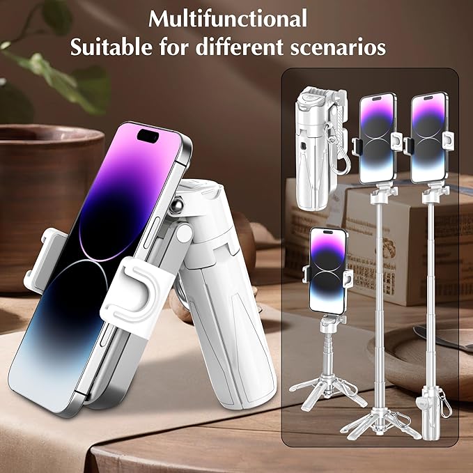 Mini Selfie Stick Tripod, 41.5cm Extendable Grip Phone Tripod with Detachable Remote Pocket Size, 4-in-1 Mini Phone Grip, 10m Wireless Shutter, Vlog Livestreaming Photography （White）