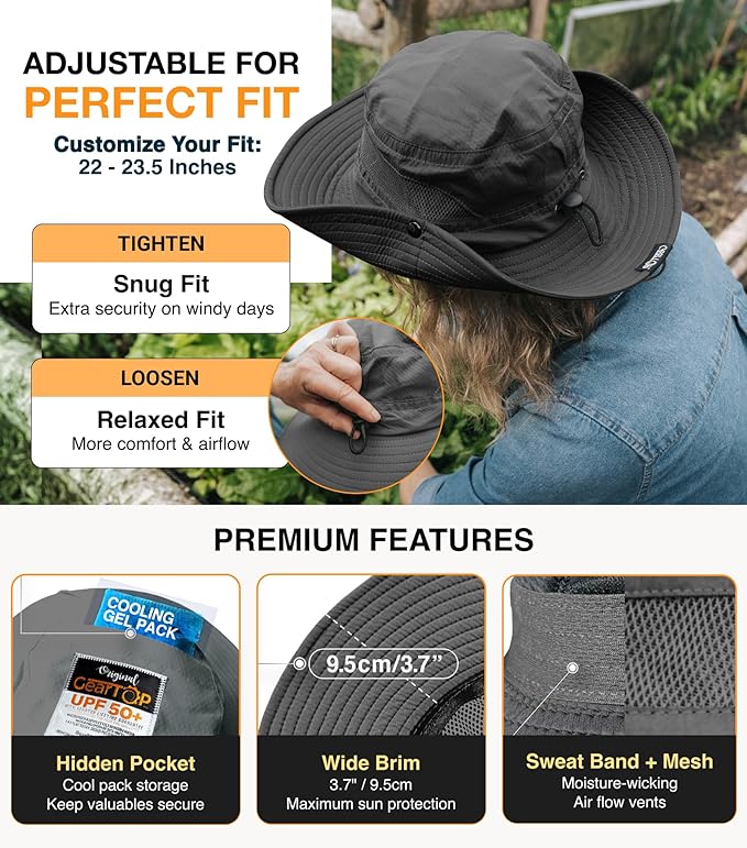 GearTOP Safari Hat for Men Sun Hats for Women UV Protection UPF 50+ Fishing, Gardening, Hiking Hat (22-23 1/2")