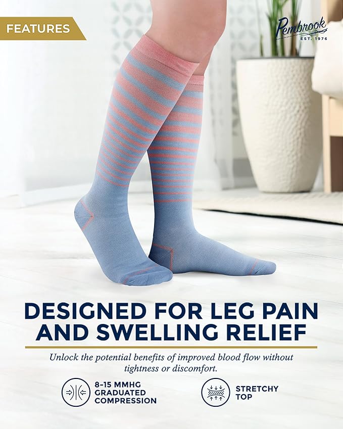 Pembrook Bamboo Viscose Light Compression Socks - 3 Pairs | 8-15 mmhg Compression Socks | Knee High Comfort Support Socks