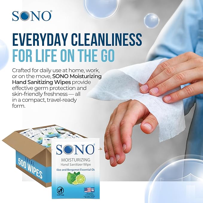 SONO Alcohol-Free Sanitizing Hand Wipes with Bergamot & Aloe Essential Oil - Hospital-Grade Disinfectant - Individually Wrapped Travel Size - 500 Pack - Gentle Cleaning & Germ Protection Anywhere