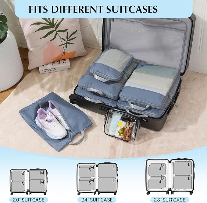 Lightweight Compression Packing Cubes for Suitcases, Compressible Expandable Travel Packing Organizer with Clear Toiletries and Backpack Bag, Travel Essentials for Carry on Luggage 7 Set