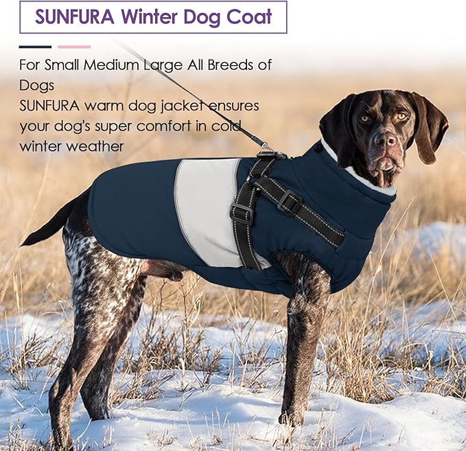 SUNFURA Dog Coat, XXXL Dog Jacket Winter with Harness Built in, Waterproof Pet Snow Jacket with Furry Collar for Chilly Day, Reflective Fleece Snowsuit for Extra Large Dogs, Navy Blue 3XL