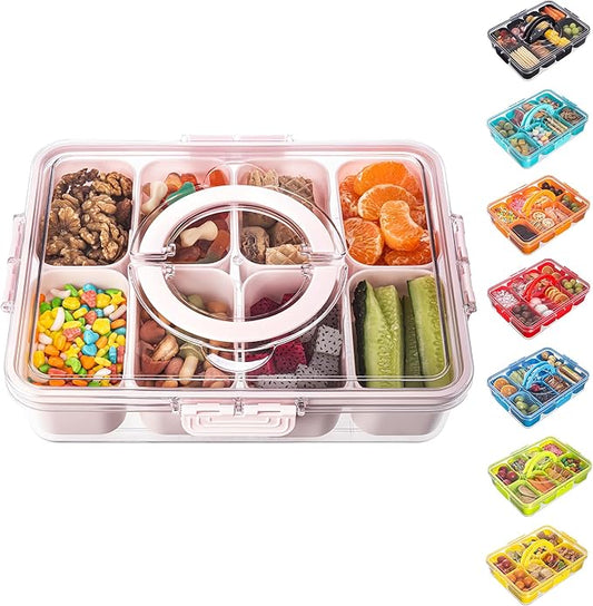 Divided Serving Tray with Lid and Handle - Snackle Box Charcuterie Container for Portable Snack Platters Organizer for Candy, Fruits, Nuts, Snacks - Perfect for Party, Entertaining, Pink