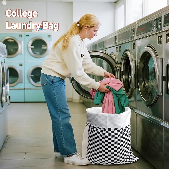Laundry Bag, Dirty Backpack Laundry Bag For College Travel Laundromat Apartment, With Handles 29" X 18" (Black White Checkered)