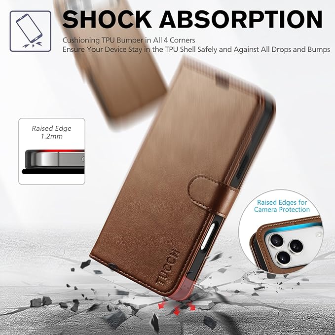 TUCCH Wallet Case for iPhone 17 Pro Max (6.9") 2025, 4 Card Slots | RFID Blocking | Stand | PU Leather | Magnetic Closure | Protective Flip Folio Cover | Shockproof TPU Shell | Brown