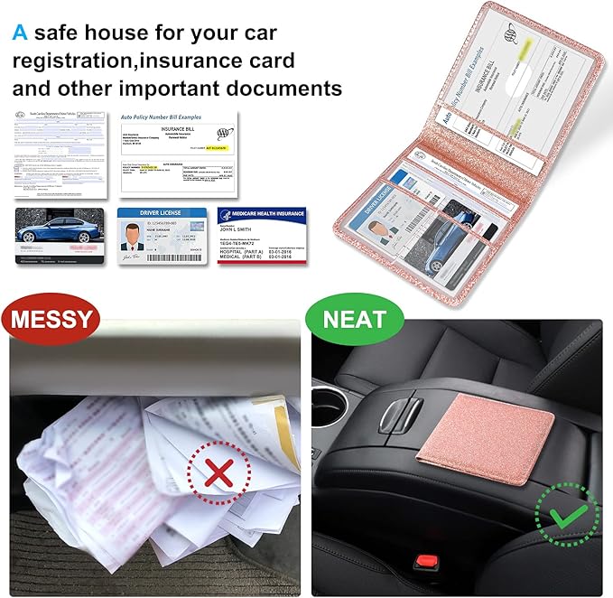 DMLuna Car Registration and Insurance Holder, Folio Leather Vehicle Card Document Glove Box Organizer, Auto Truck Compartment Accessories for Essential Information, Driver License Cards, Glitter Rose