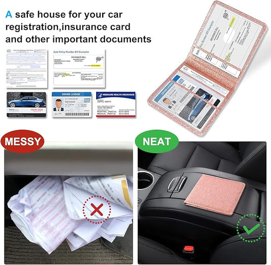 DMLuna Car Registration and Insurance Holder, Folio Leather Vehicle Card Document Glove Box Organizer, Auto Truck Compartment Accessories for Essential Information, Driver License Cards, Glitter Rose