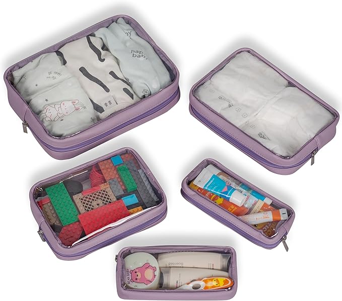 TSA Approved 5-Piece Diaper Bag Organizer Pouch Set Clear Waterproof TPU Kids Toiletry Storage Set Travel Packing Clutch Cube Bags for Baby Nursing