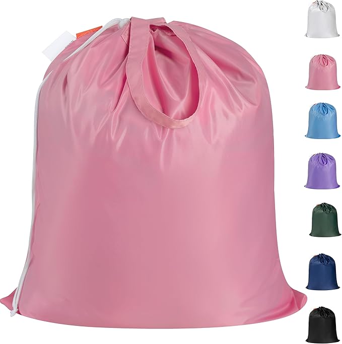 Polecasa Small Heavy Duty Laundry Bag with 130gsm Tear Resistant Fabric and Handles, Easy to Carry Durable Dirty Clothes Drawstring Bag, Perfect for College Dorm, Travel 21”x24”, Pink