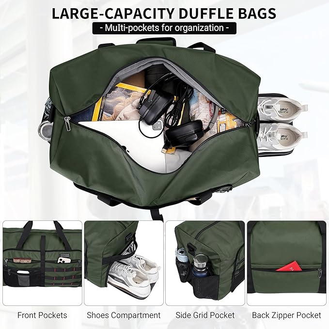 WITZMAN Foldable Duffle Bag for Travel 65L Lightweight Packable Duffel Bag with Shoes Compartment Overnight Bag for Men Women (B697 Army Green）