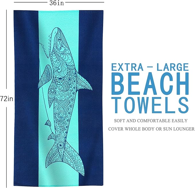 Genovega 2 Packs Oversized Beach Towel Terry 36 x 72 in Clearance Soft Towels Large Big Pool Camping Swim Bath Travel Essentials Accessories Haves Vacation Necessities Adults Gifts Deep Blue Sharks
