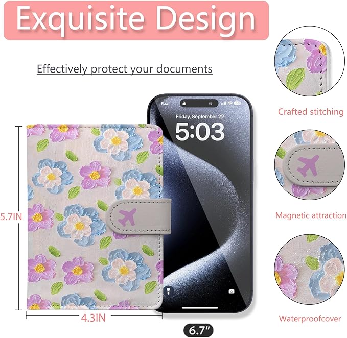 Passport Holder, Travel Wallet Cover with Pen Loop | Cute RFID Blocking Leather Case with Magnetic Closure for Travel Essentials-Flower