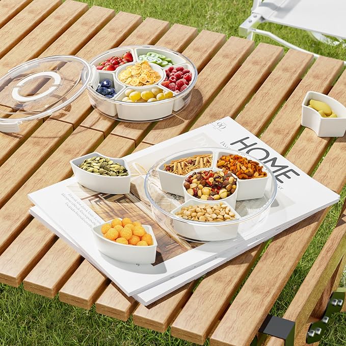 Divided Serving Tray with Lid and Handle, Portable Snackle Box, 6 Compartment Food Container, Travel Snack Box Container for Veggie, Fruit, Candy and Charcuterie