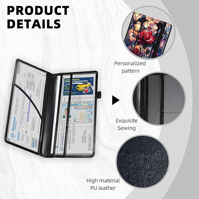 Car Registration and Insurance Holder PU Leather Vehicle Insurance and Registration Holders Wallet Case with Elastic Band Closure for ID Card, Driving Licence, Red Rose Stained Glass