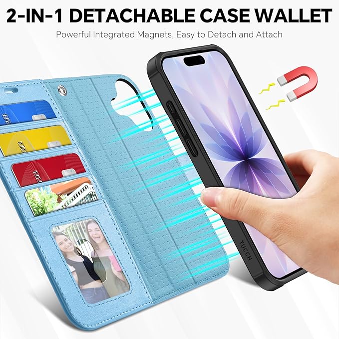 TUCCH Removable Case Wallet for iPhone 17 (6.3") 2025, Detachable Wrist Strap, Wireless Charging, Stand, 4 Card Holders RFID Blocking, 2-in-1 Magnetic, PU Leather Shockproof Cover, Pearly Light Blue