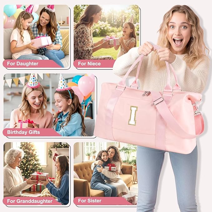 Dance Gym Duffel Bag for Teen Girls, Personalized Initial Travel Weekender Bag,Cute Overnight Carry On Duffle for Women,Sports Travel Cheer Bag,Monogram Christmas Gifts for Tween Preppy(pink-I)