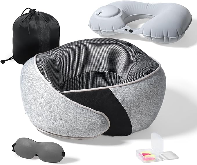 Cozi Neck Pillow for Traveling,Adjustable Travel Neck Pillow Airplane 100% Pure Memory Foam Travel Pillow with Inflatable Travel Pillows for Sleeping Long Flight Portable Plane Accessories Light Gray