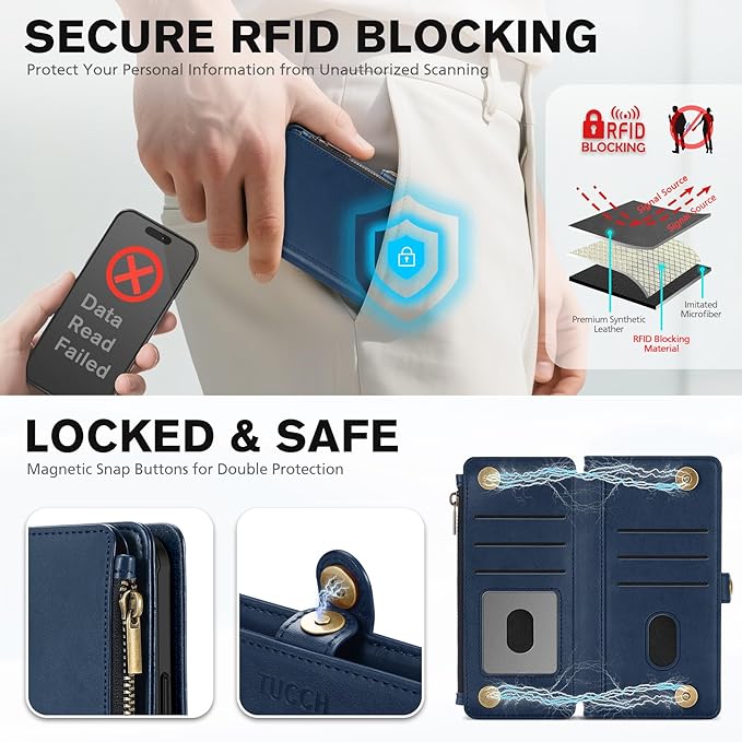 TUCCH Crossbody Detachable Wallet Case for iPhone 17 (6.3") 2025, 9 Card Holders RFID Blocking, Wireless Charging, Stand, Wrist Strap, Lanyard, Zipper Pocket, PU Leather Shockproof Cover, Dark Blue
