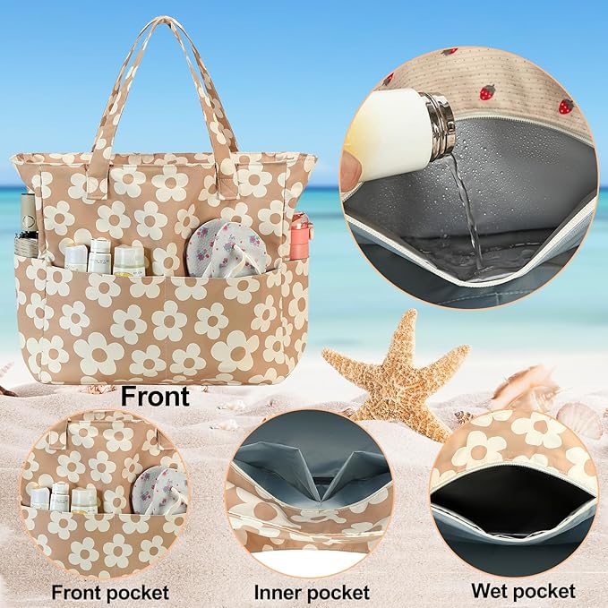 Beach Pool Bags Tote for Women Ladies Large Gym Tote Carry On Bag With Wet Compartment for Weekender Travel Waterproof