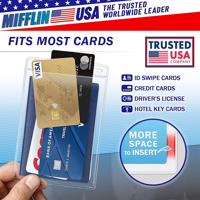 Mifflin-USA Passport & Card Holders (Clear, 4x6 Inches, 100 Pack), Extra Large ID Name Badge Holder, Zipperless Vertical Plastic Card Holders