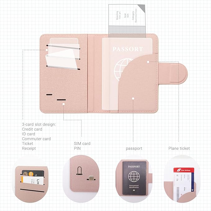 LHiDS Leatherette Passport Holder with RFID Protection, Premium PU Leather, Snap Button Closure, Travel Passport Wallet Cover for Passport, Boarding Passes, Business Cards, Cash (Rose Pink)