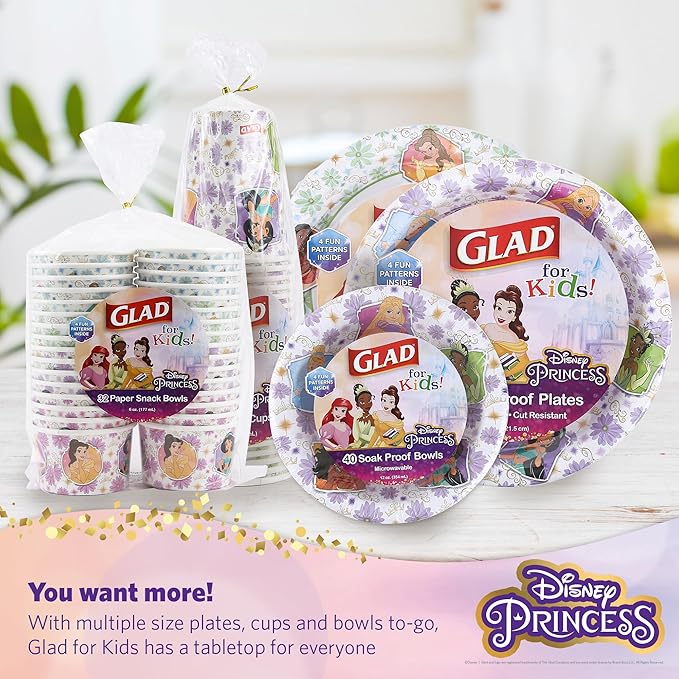 Glad for Kids Disney Princess Disposable Paper Snack Bowls, Lids Not Included, Floral Frames - Heavy Duty, Microwavable, Disposable Snack Cups with Lid for Soup or Ice Cream, 6 Oz, 20 Count