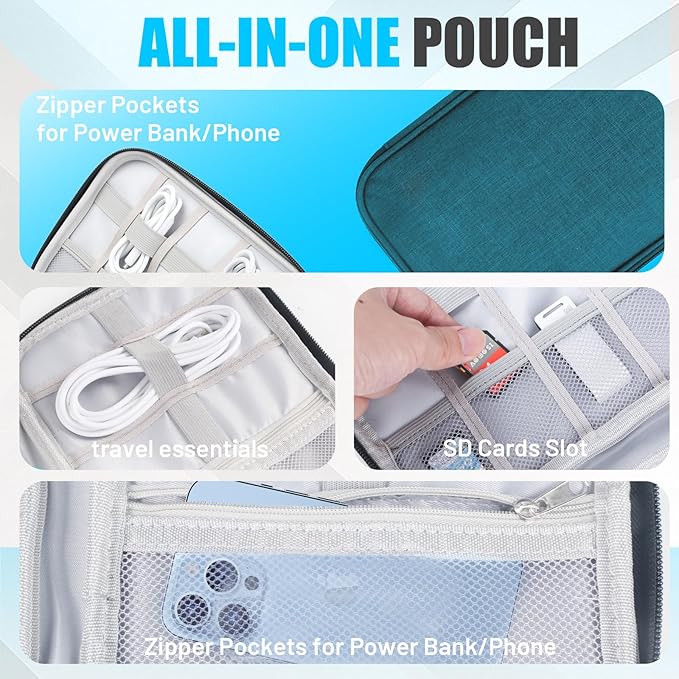 Travel Cable Organizer Bag, Electronics Organizer Tech Pouch with Double Layers for Cords, Chargers, Phone, Earphones, USBs, SD Cards - Travel Essentials Portable Waterproof Tech Pouch