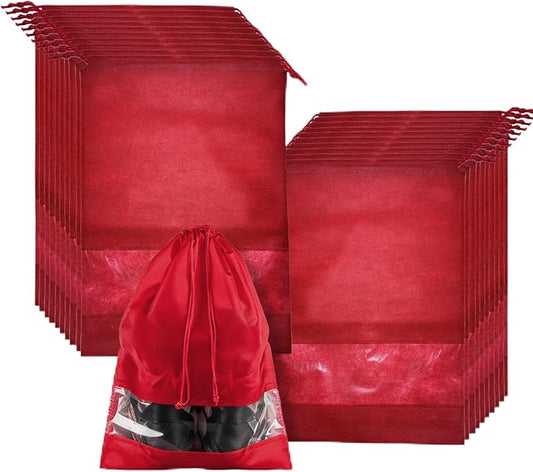 20 Pack Shoe Bags for Travel, 17" x 12.6" Drawstring Shoe Organizers with Clear Window, Breathable Non-Woven Dustproof Pouches for Luggage & Closet (Red)