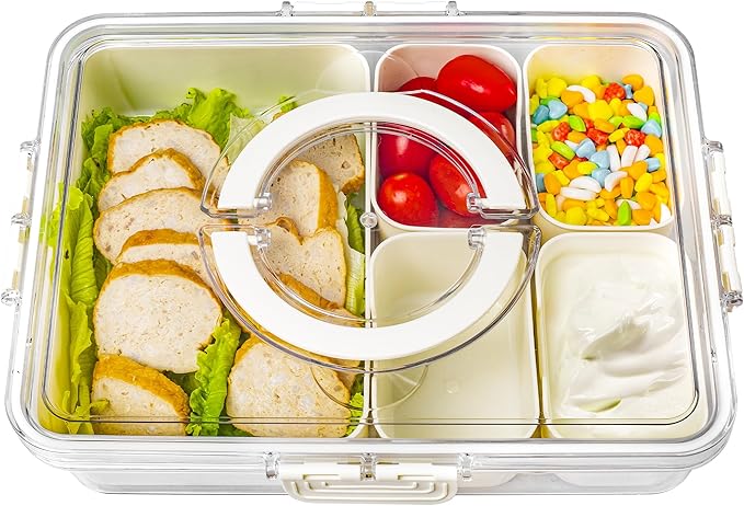 Bandesun Divided Serving Tray with Lid and Handle - Snackle Box Charcuterie Container for Portable Snack Platters - Perfect for Party, Entertaining - Clear Organizer for Candy, Fruits, Nuts, Snacks