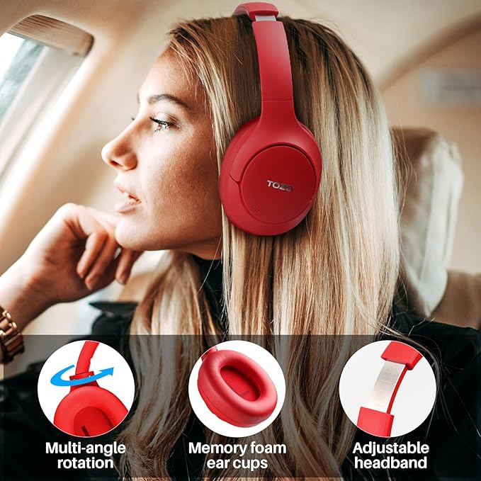 TOZO HT2 Hybrid Active Noise Cancelling Headphones, Wireless Over Ear Bluetooth Headset, 60H Playtime, Hi-Res Audio Custom EQ via App Deep Bass Comfort Fit Ear Cups, for Home Office Travel