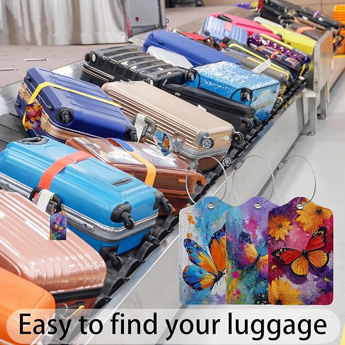 Butterfly 3 Pack Luggage Tags for Suitcases, PU Leather Baggage Suitcases Tag Name ID Label Privacy Cover Travel Bag Tags for Women Men Boys Girls