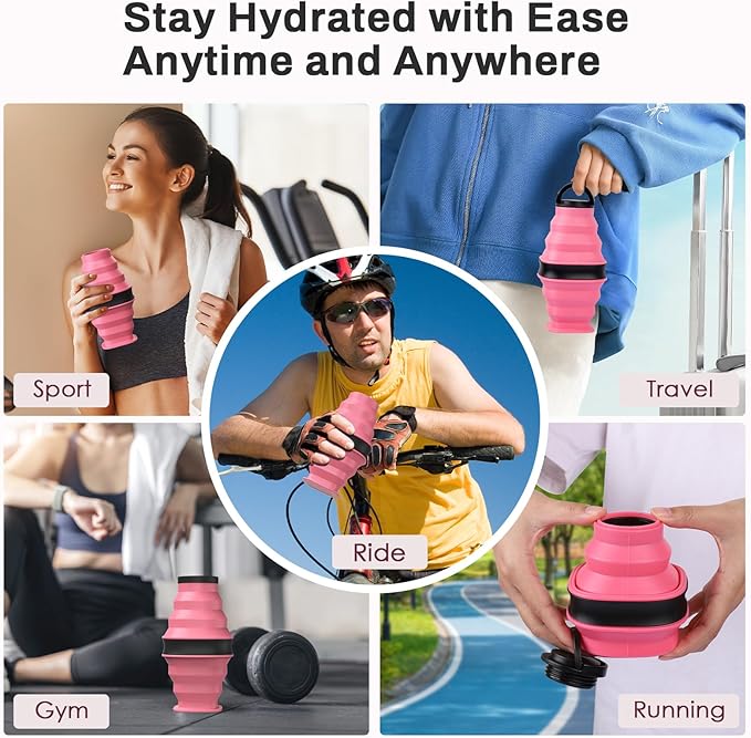 2pcs Collapsible Water Bottles,600ml Foldable Water Bottle BPA Free Reusable Lightweight LeakProof Silicone Bottle for Travel Hiking Camping Sports,Collapses to 1.5” with Anti-Collapse Ring