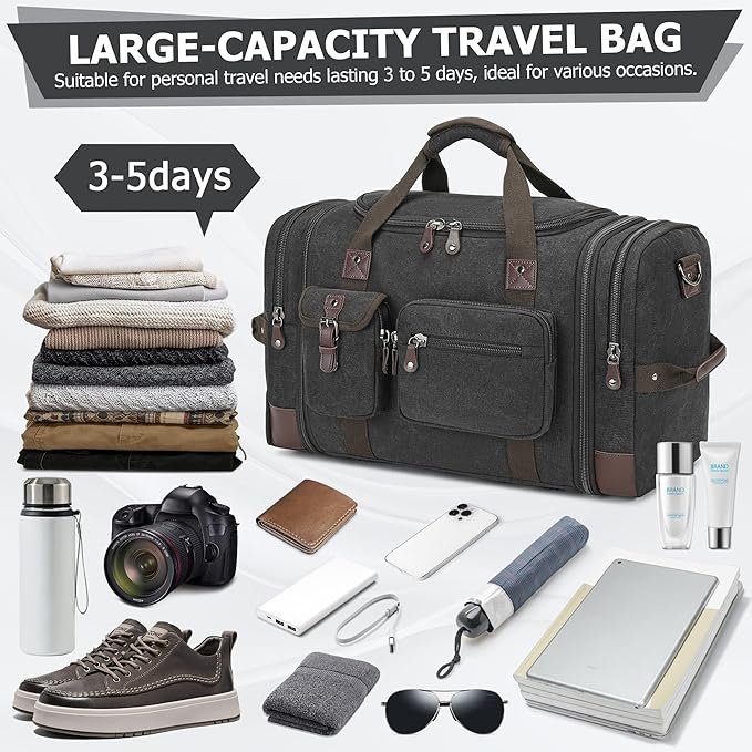 THYWD Canvas Duffle Bag for Travel Men and Women, 55L Expandable Large Overnight Weekender Luggage Bag, Vintage Carry on Bags for Airplanes, Travel, Hospital Labor Delivery, Camping, Gym