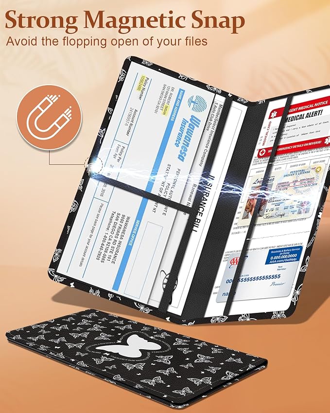 Slohif Car Registration and Insurance Card Holder - Butterfly Vehicle Glove Box Organizer Women with Magnetic Shut Leather Automobile License Holders Coasters Auto Accessories Case for Document