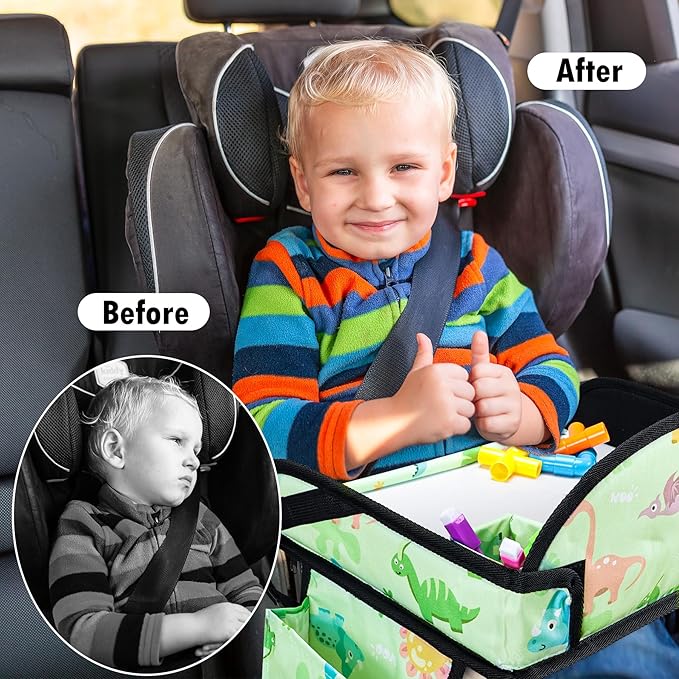 WENRENER 2PCS Kids Travel Tray, Car Seat Tray for kids Travel, Toddler Road Trip Essentials With Drawing Kit, Toddler Lap Desk Organizer for Car, Carseat Table for Airplane