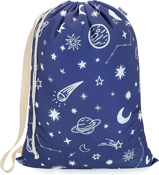 Canvas Laundry Bag with shoulder Strap 24" x 29", Large Drawstring Dirty Clothes Bag Washable Laundry Sack for College Dorm, Travel, Home, Camp (Space)
