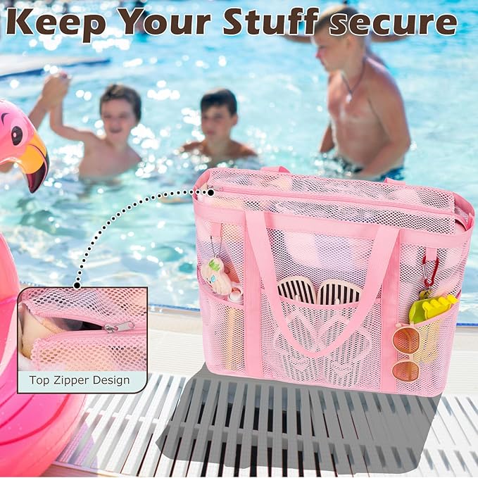 Mesh Beach Bag, Large Beach Tote with Zipper Pocket for Family Pool Bag for Toys & Vacation Essentials