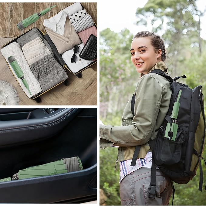 Large Windproof Travel Umbrella, Portable Reverse Folding Car Umbrella, Compact Inverted Design with Waterproof Canopy, Automatic, 10 Durable Ribs, 45.6/13 Inch, Fits Backpack