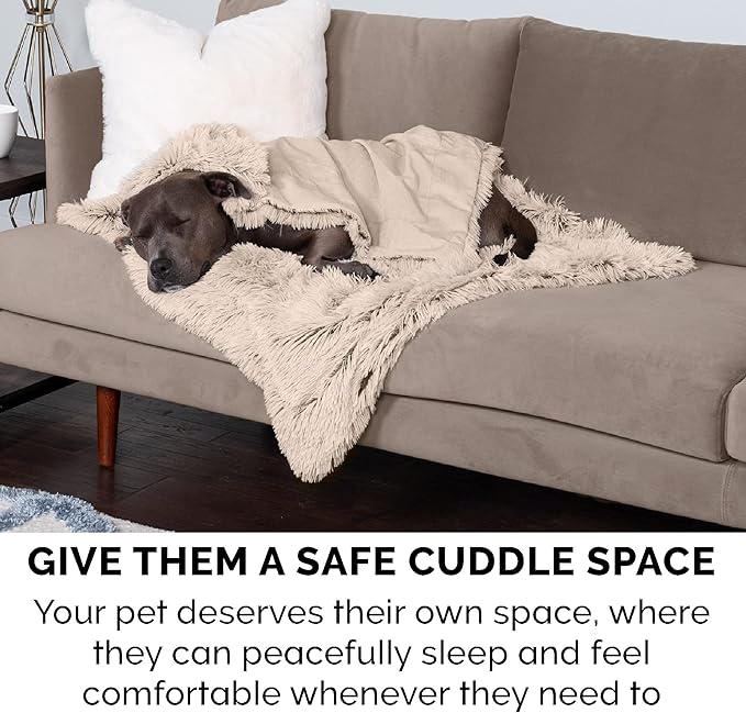 Furhaven Waterproof Throw Blanket for Dogs & Indoor Cats, Washable - Shaggy Plush Calming Long Faux Fur & Velvet Dog Blanket - Taupe, Medium
