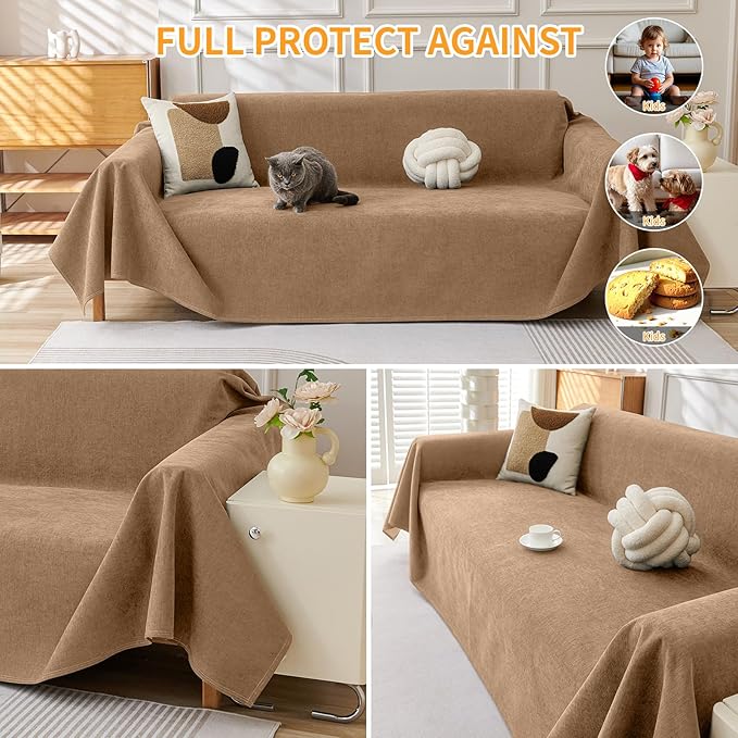Deep Dream Waterproof Couch Covers for 3 Cushion Couch, Cat-Scratch Resistant Sofa Cover, Pet Friendly Anti Slip Sofa Slipcovers Furniture Protector Washable Sofa Covers, 91" x 118", Brown