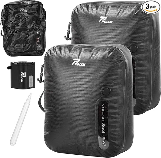 Vacuum Bags for Travel with Wireless Pump, 180° Open Zipper, IP67 Waterproof, Reusable Space Saver Compression Bags for Backpack, Suitcase, Home Storage(2 Pack + Pump)