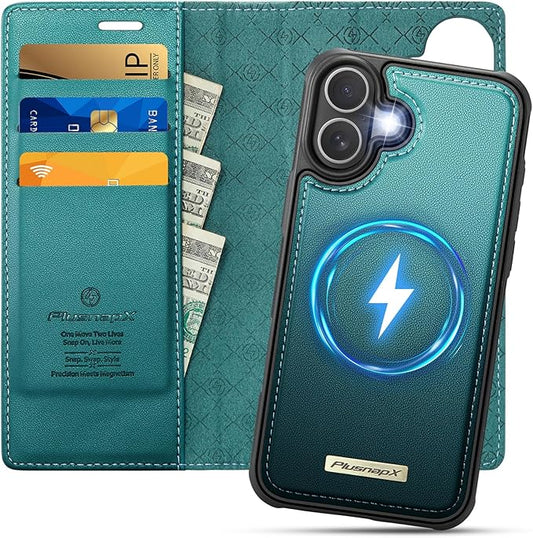 PlusnapX Wallet Case for iPhone 17 Compatible with Magsafe, 2-in-1 PU Leather Flip RFID Blocking Card Holder Stand Shockproof Magnetic Detachable Cover for iPhone 17 Case 6.3", Bluegreen