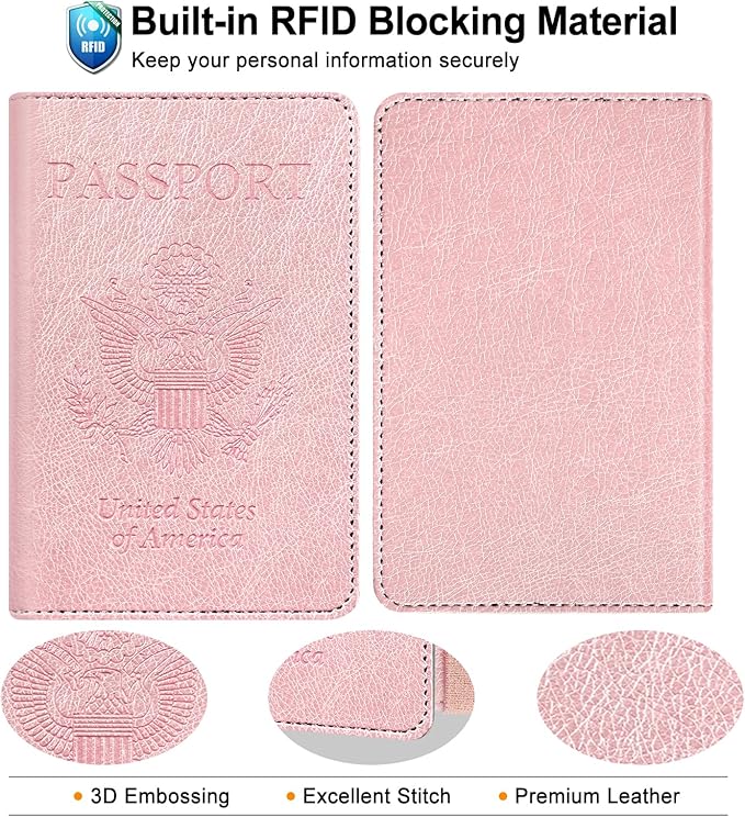 RSAquar Passport Holder for Women and Men, Premium PU Leather Travel Passport Wallet RFID Blocking Passport Cover Travel Documents Organizer (Rose Gold)