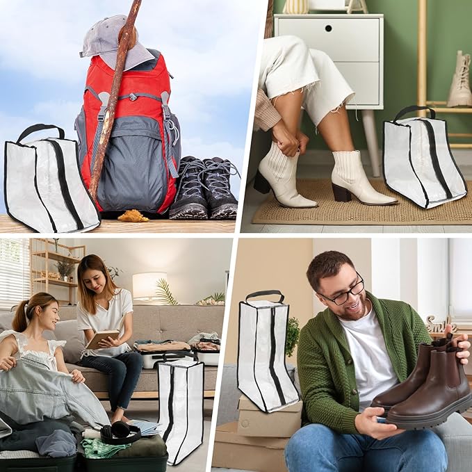 Boot Storage Bags [4PCS] - Plastic Tall Short Boot Carry Bags Clear Shoe Bags with Handle for Travel & Daily Use - [Black] Waterproof & DustProof Boot Bags for Cowboy Boots