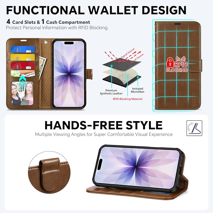 TUCCH Detachable Case Wallet for iPhone 17 (6.3") 2025, Wrist Strap, 4 Card Holders RFID Blocking, Wireless Charging, Stand, 2-in-1 Magnetic, PU Leather, Shockproof Folio Cover, Brown