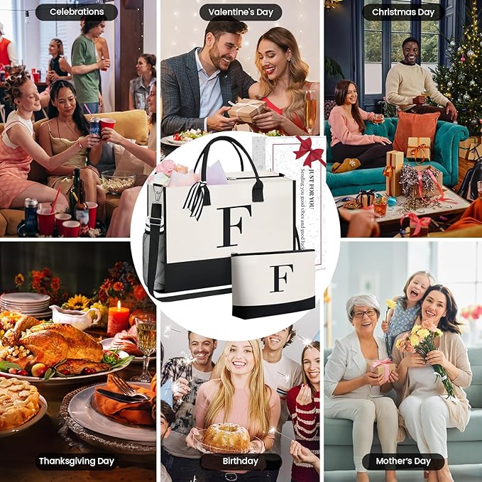 BAGAIL Initial Tote Bag, Personalized Birthday Gifts for Women, Teacher, Friends, Mom, Wedding, Monogrammed Beach Bag