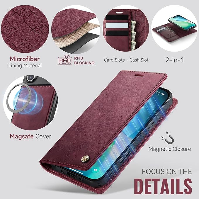 PlusnapX Wallet Case for iPhone Air Compatible with Magsafe, 2-in-1 PU Leather Flip RFID Blocking Card Holder Stand ShockAirof Magnetic Detachable Case for iPhone 17 Air Case 6.5", Burgundy