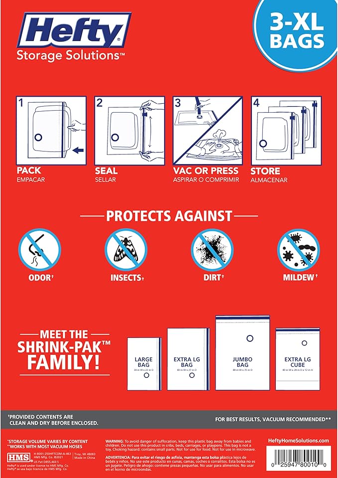 Hefty Shrink-Pak - 3 Extra Large Vacuum Storage Bags for Clothes, Pillows, Towels, or Blankets - Space Saver Vacuum Sealer Bags Ideal Under Bed Storage Solutions