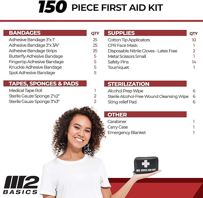 M2 BASICS Premium 150-Piece Mini Emergency First Aid Kit for Car, Backpack, Travel & Outdoors – Compact Medical Supplies for Camping, Hiking & Home
