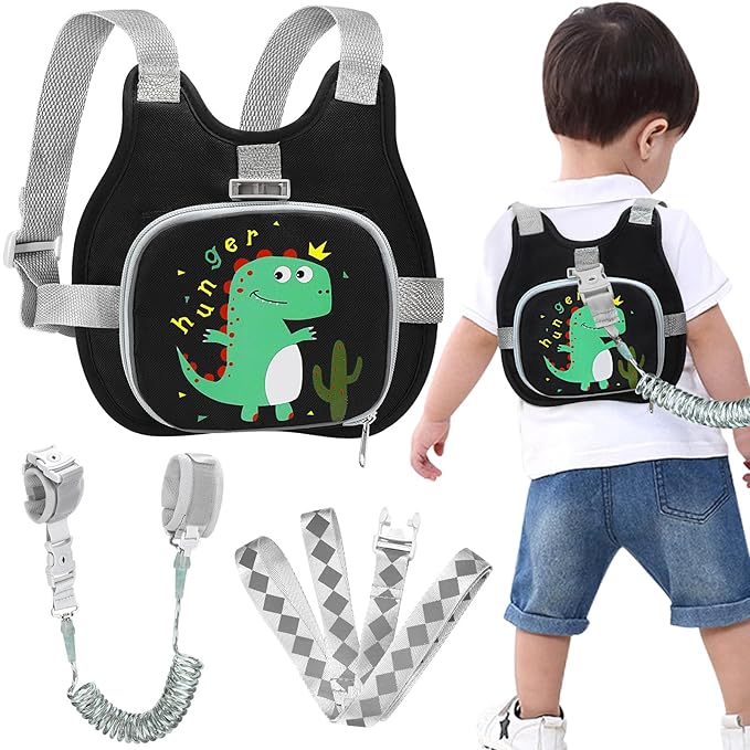 Accmor Toddler Harness Leash+ Anti Lost Wrist Link, Cute Dinosaur Kids Harness with Leash, Collapsible Child Leash Baby Walking Wristband Assistant Strap Belt for Boys